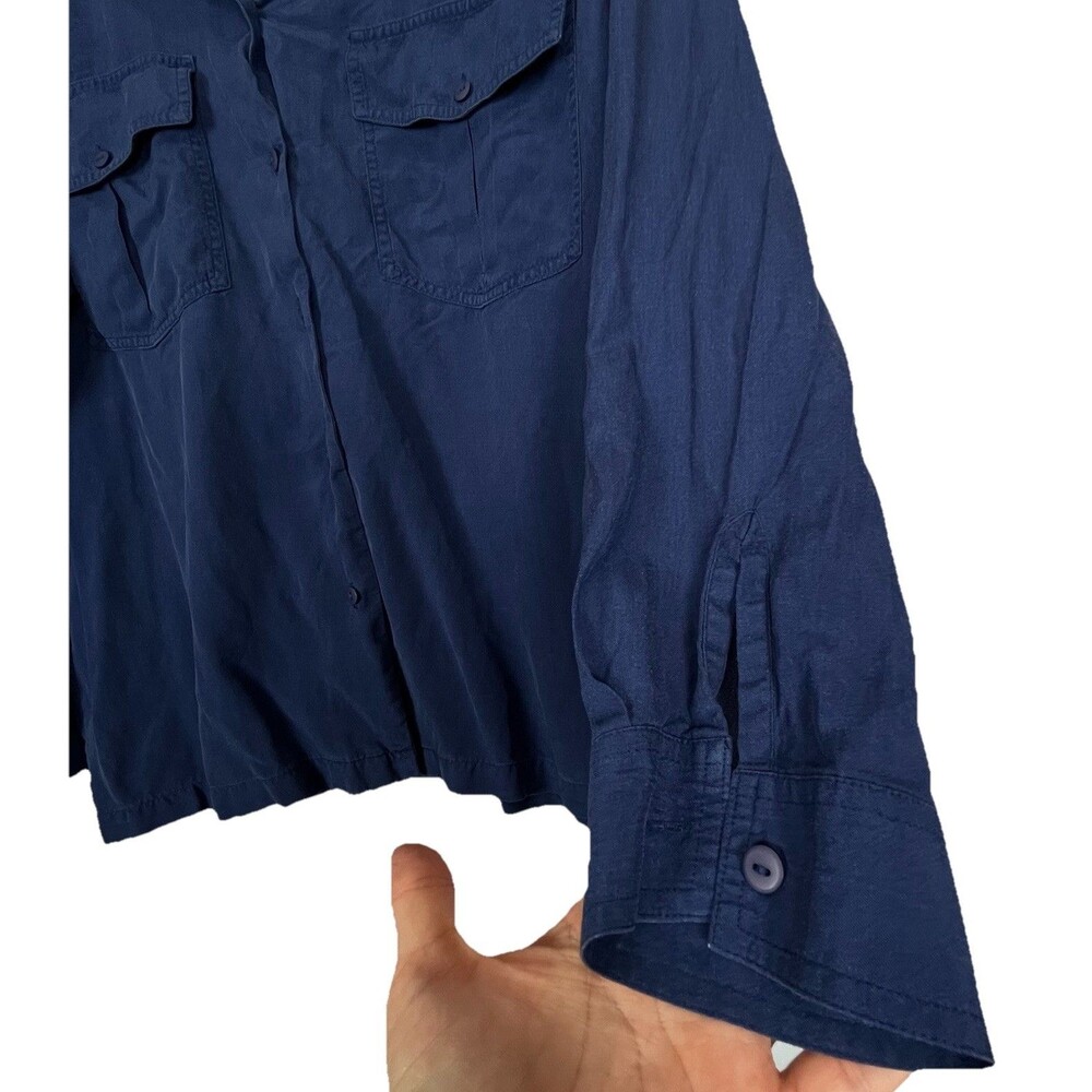 100% Silk Crepe Blouse Blue Button Front Women Size L Matte Lightweight - Picture 5 of 12